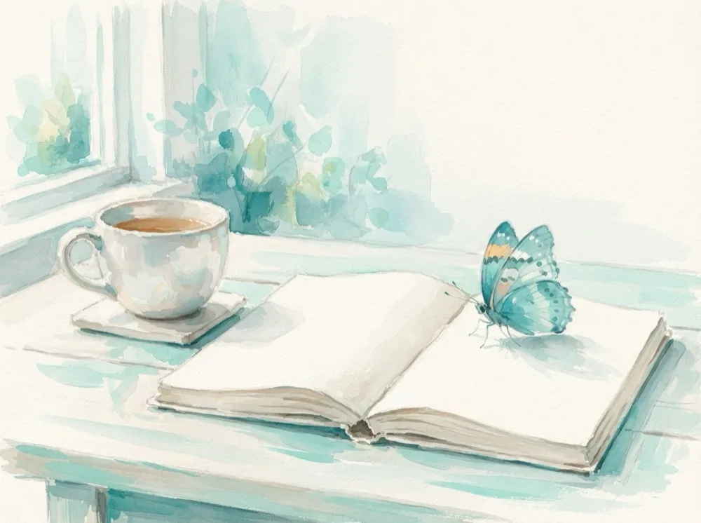 Gemalter Schmetterling auf einem aufgeschlagenen Notizbuch neben einer Tasse Tee, als Bild für die Schilddrüse und das Verstehen der Diagnose