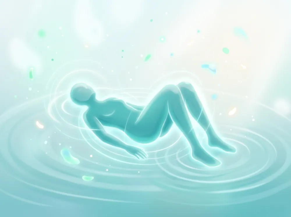 Liegende Figur aus weichem Licht in entspannter Rückenlage über einer ruhigen Wasserfläche, als Bild für Erholung und ein reguliertes Nervensystem