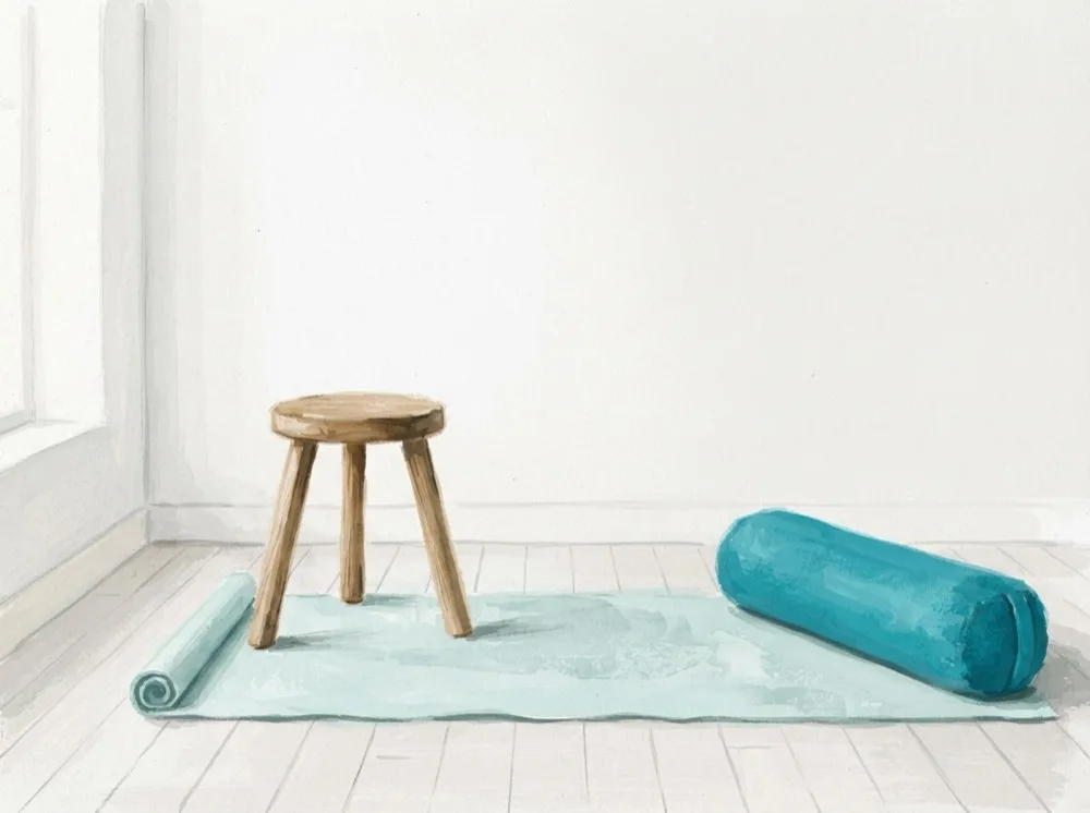 Gemaltes Stillleben: dreibeiniger Holzhocker neben einer Matte und einem Bolster in einem hellen Raum