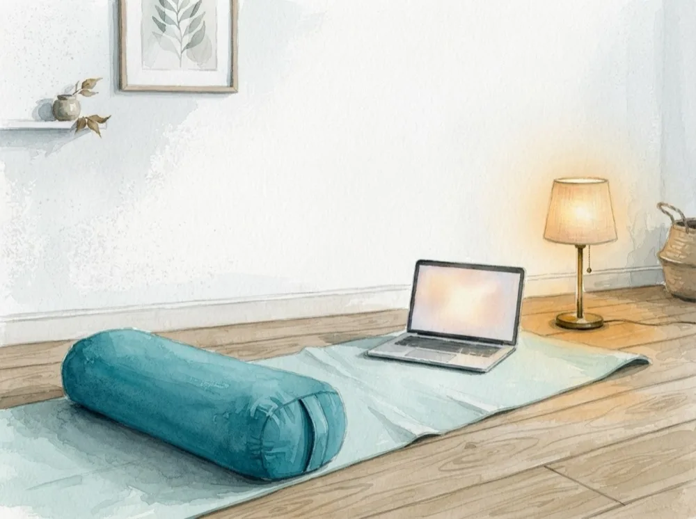Gemaltes Stillleben: Matte und Bolster, am Ende der Matte ein aufgeklappter Laptop, daneben eine Lampe mit warmem Licht