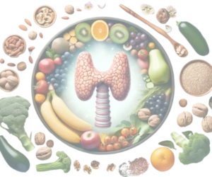 Vitalessenz-Schilddrüsenart-Ernährungsfundament Schilddrüse umkreist von gesunden Lebensmitteln