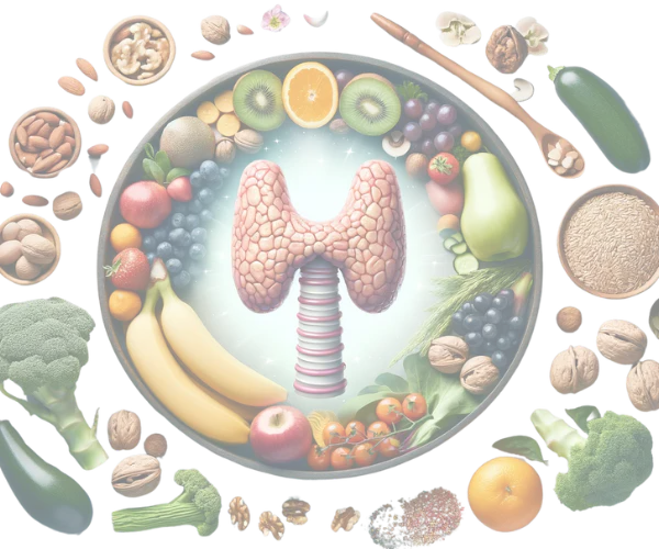 Vitalessenz-Schilddrüsenart-Ernährungsfundament Schilddrüse umkreist von gesunden Lebensmitteln