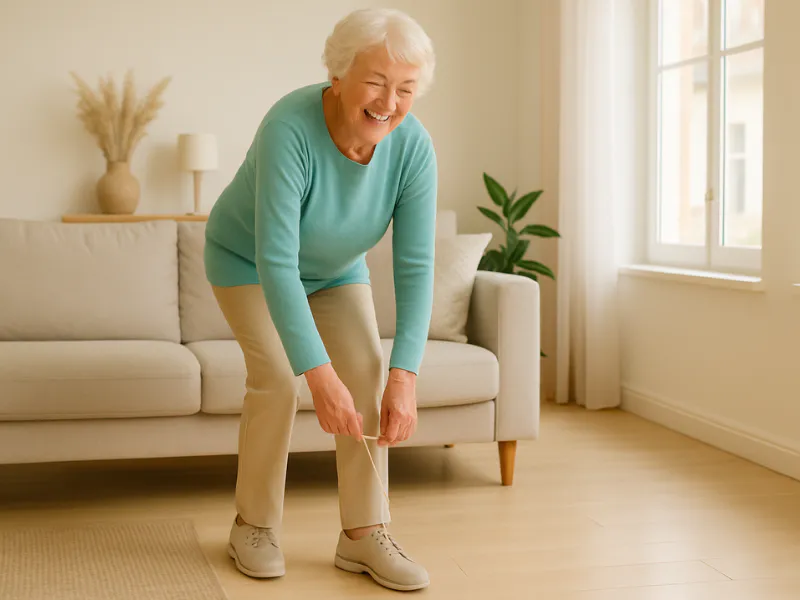 142 Ältere Frau in heller Wohnung fasst an den Schnürsenkel Ältere Frau in türkisfarbenem Pullover und beiger Hose, lächelnd beim Bücken zum Schuhe binden in einem hellen Wohnzimmer.