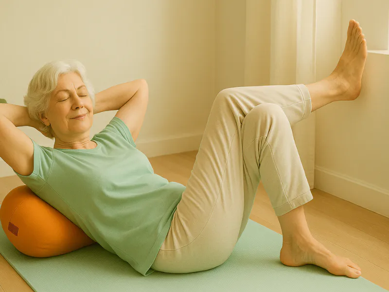 142 Eine ältere Frau entspannt auf der Yogamatte mit Bolster Ältere Frau in hellgrünem T-Shirt und beigefarbener Hose, entspannt auf einer Yogamatte liegend mit orangefarbenem Kissen im Rücken, ein Bein angewinkelt und das andere gegen die Wand gestützt.