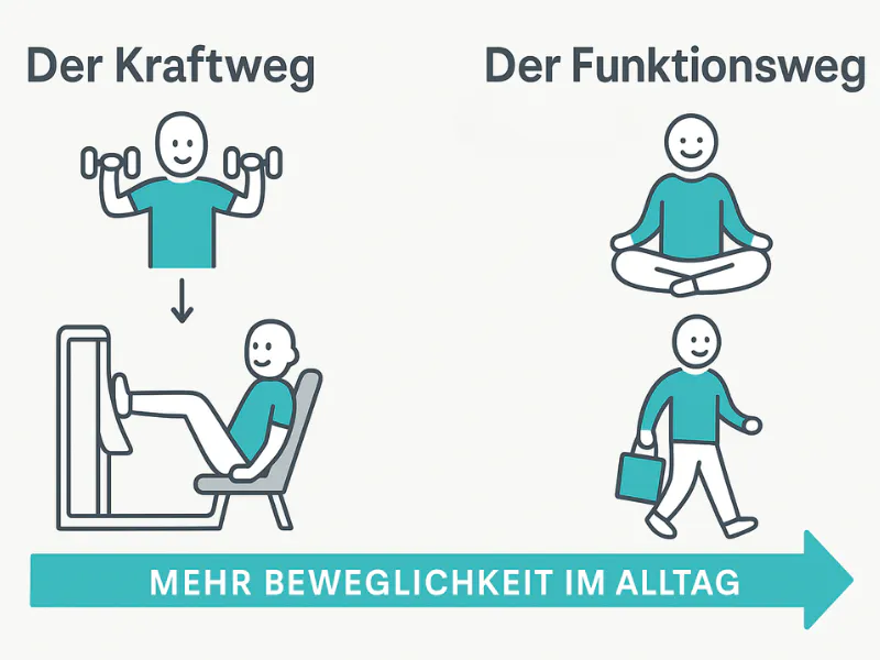 142 Infografik Kraftweg - Funktionsweg Infografik zu mehr Beweglichkeit im Alltag: Links der Kraftweg mit Hanteltraining und Beinpresse, rechts der Funktionsweg mit Yoga im Schneidersitz und Gehen mit Tasche.
