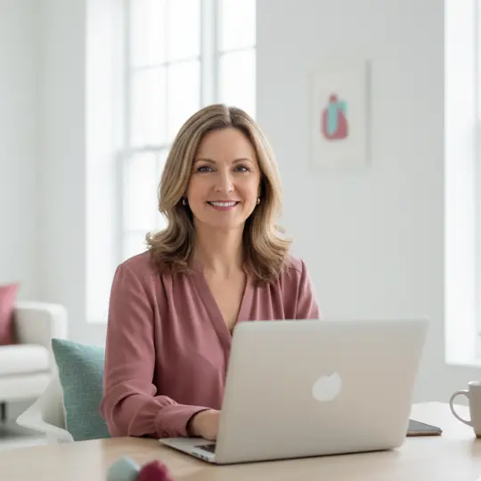 Frau mittleren Alters sitzt für eine-Online.Beratung an ihrem Laptop.