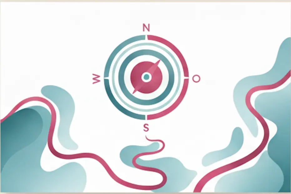 Visual in Wasserfarben, das einen Weg und einen Kompass zeigt.
