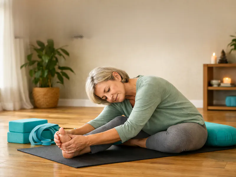 Frau macht Yogaübungen auf der Matte.