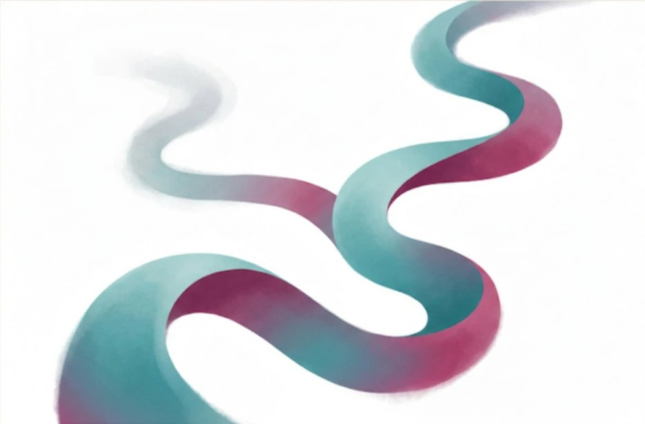 Abstrakte Illustration einer Weggabelung in Teal- und Magentatönen: ein Pfad verblasst und löst sich auf, der andere bleibt klar und kräftig sichtbar