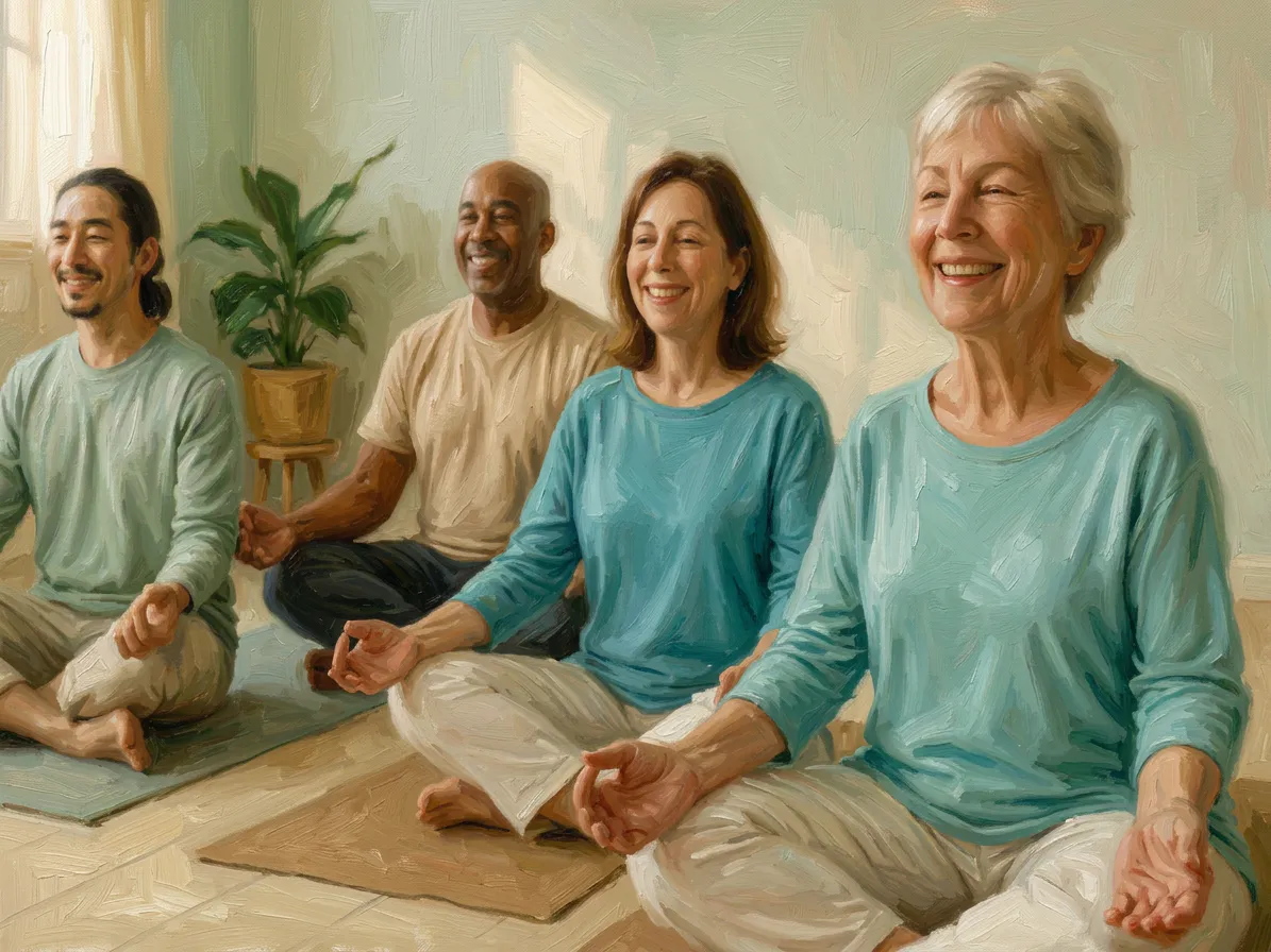 Gemäldeartige Illustration von vier Personen, die entspannt in einer Yoga-Pose auf Matten in einem Raum sitzen