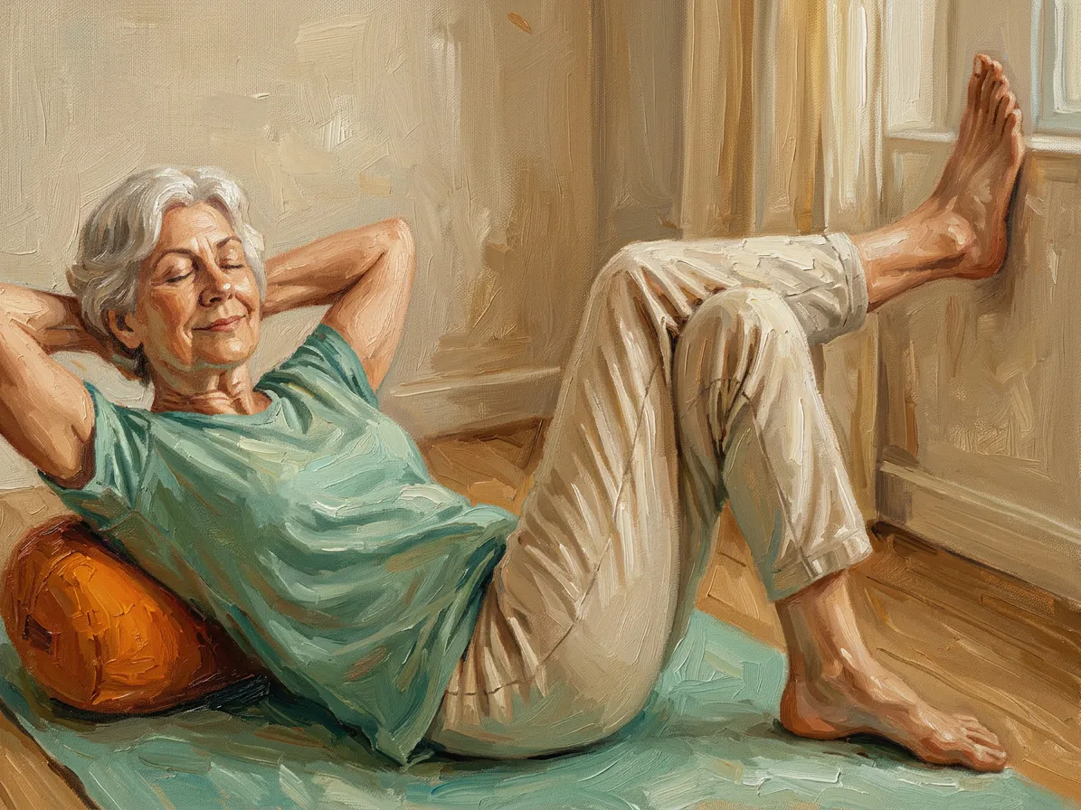 Gemäldeartige Illustration einer älteren Frau, die entspannt auf einer Yogamatte liegt, mit einem Kissen im Rücken, ein Bein angewinkelt, das andere gegen die Wand gestützt