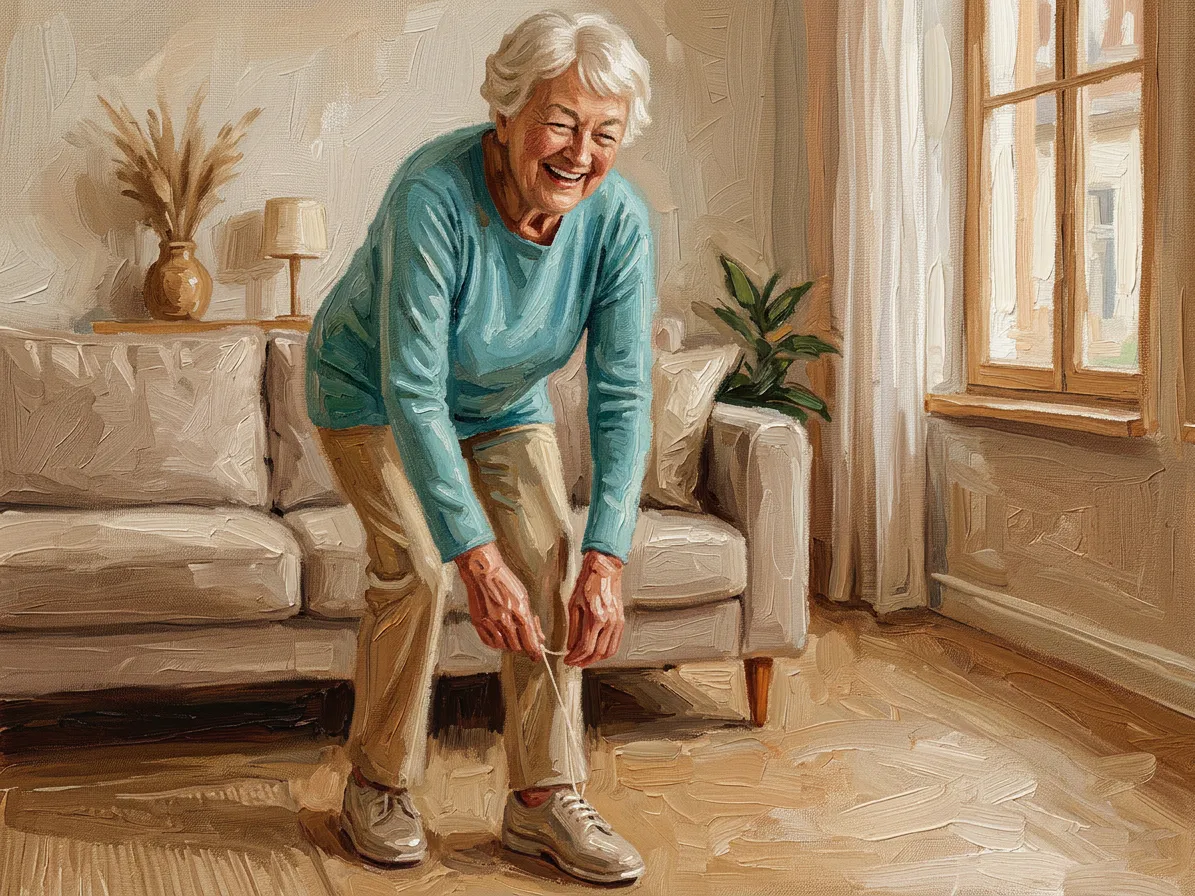Gemäldeartige Illustration einer älteren Frau in türkisfarbenem Pullover, die sich lächelnd zum Schuhebinden bückt, in einem hellen Wohnzimmer