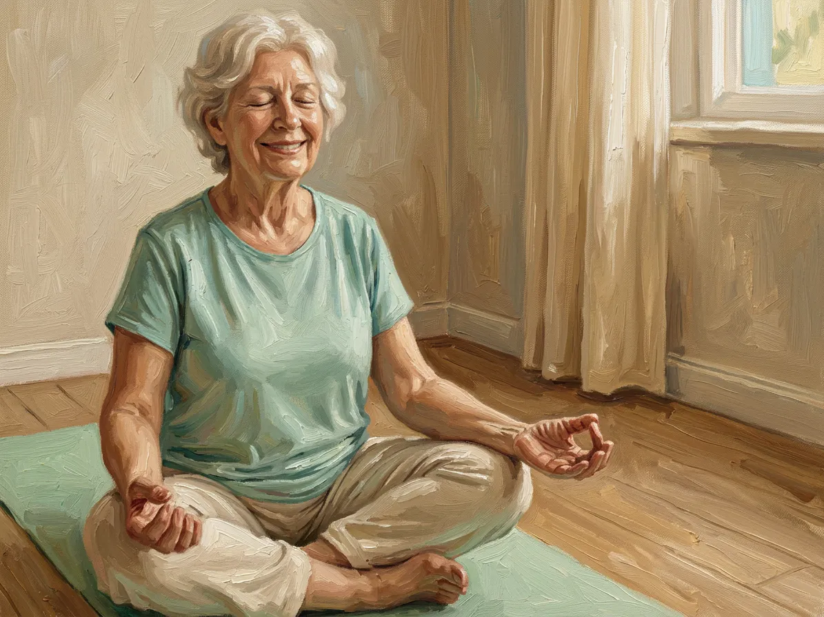 Gemäldeartige Illustration einer älteren Frau, die im Schneidersitz (Sukhasana) auf einer Yogamatte in einem Raum sitzt