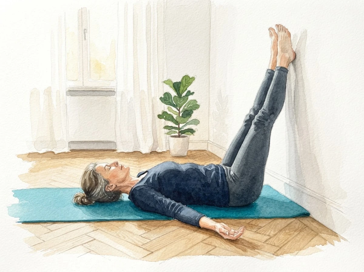 Aquarell-Illustration einer Frau, die auf dem Rücken auf einer Yogamatte liegt und die Beine an der Wand hochgelegt hat