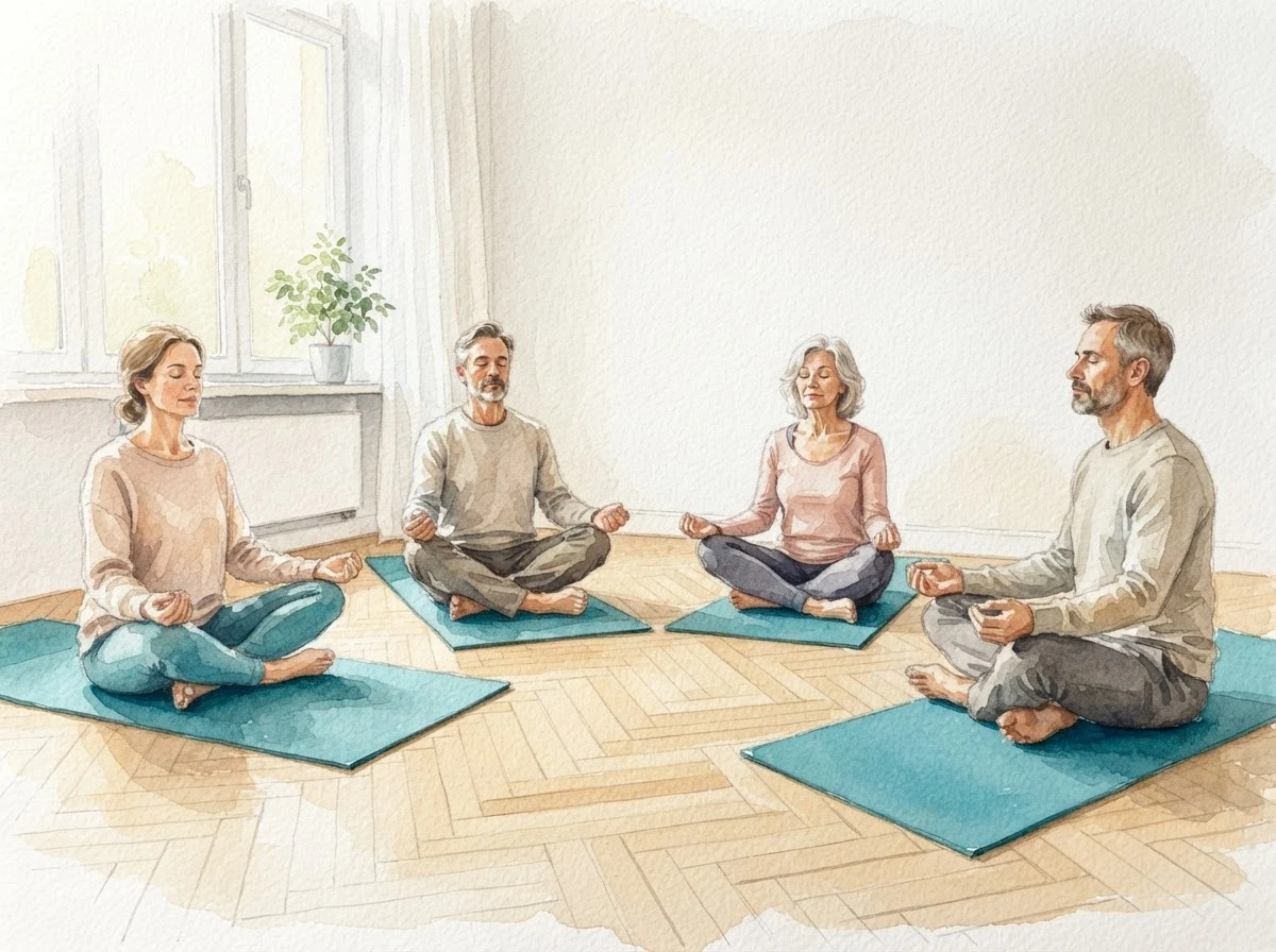 Aquarell-Illustration von vier Personen, die mit geschlossenen Augen im Schneidersitz auf petrolfarbenen Yogamatten in einem hellen Raum sitzen