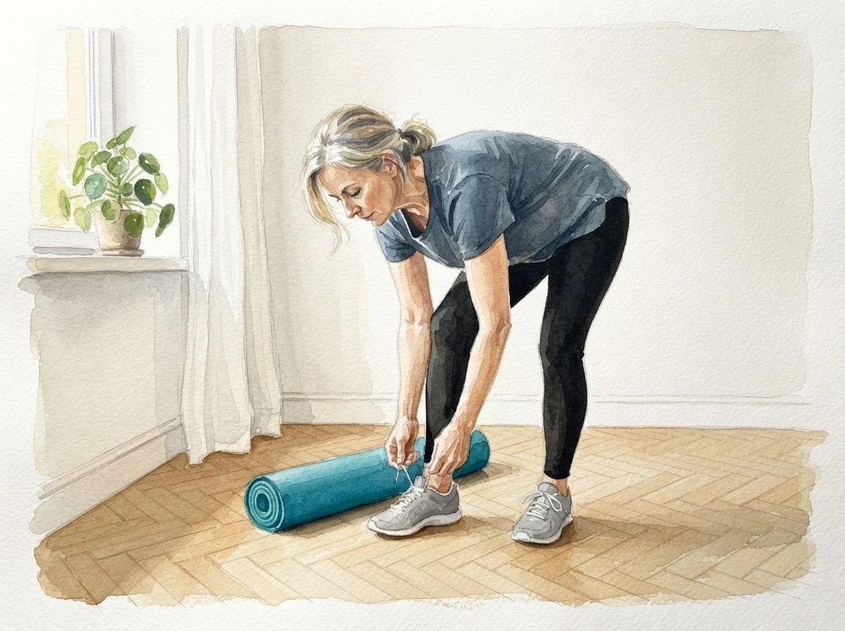 Aquarell-Illustration einer Frau, die sich im Stehen vorbeugt und ihre Schuhe bindet, daneben eine zusammengerollte Yogamatte