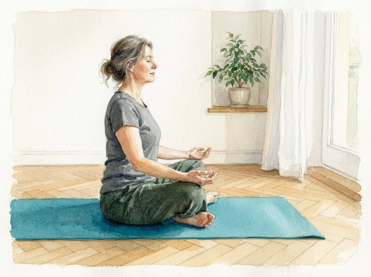 Aquarell-Illustration einer Frau, die aufrecht im Schneidersitz auf einer Yogamatte sitzt, die Augen geschlossen