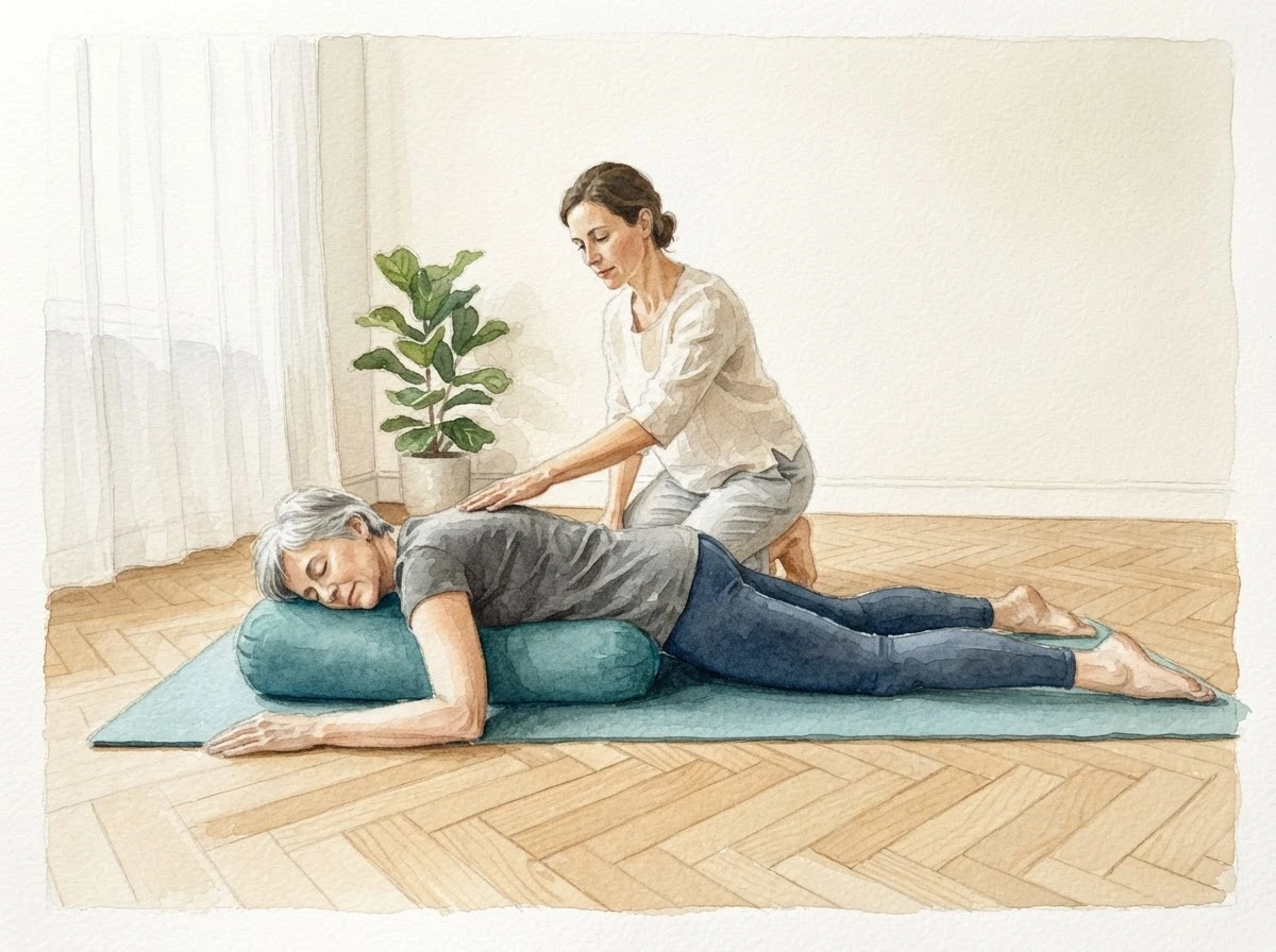 Aquarell-Illustration einer Yogalehrerin, die einer auf dem Bauch liegenden Frau die Hand auf den oberen Rücken legt