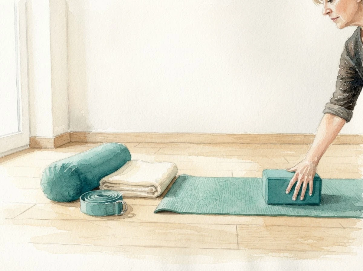 Aquarell-Illustration einer Hand, die einen Yogablock auf den Boden legt, daneben Bolster, Decke und Gurt