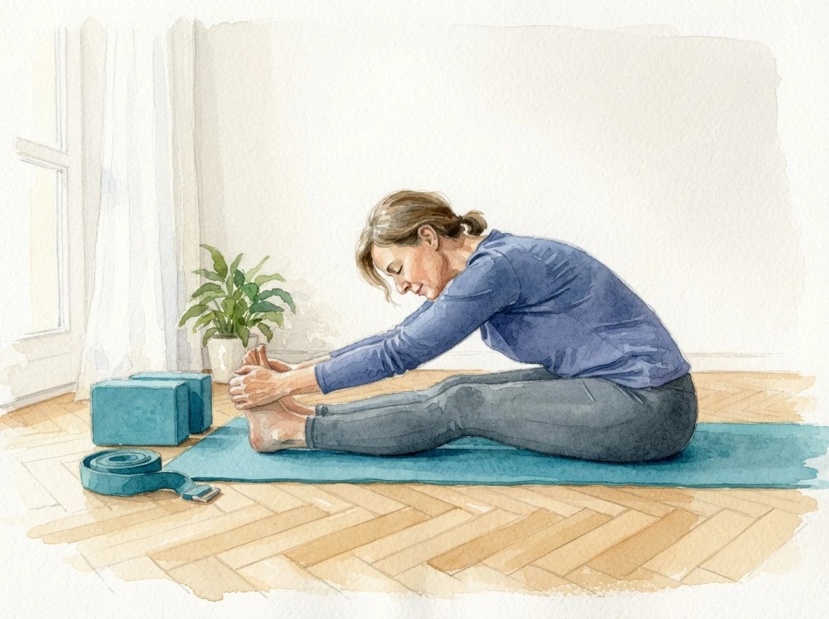 Aquarell-Illustration einer Frau, die im Sitzen zu ihren Füßen vorgebeugt ist, daneben Yogablöcke und ein Gurt