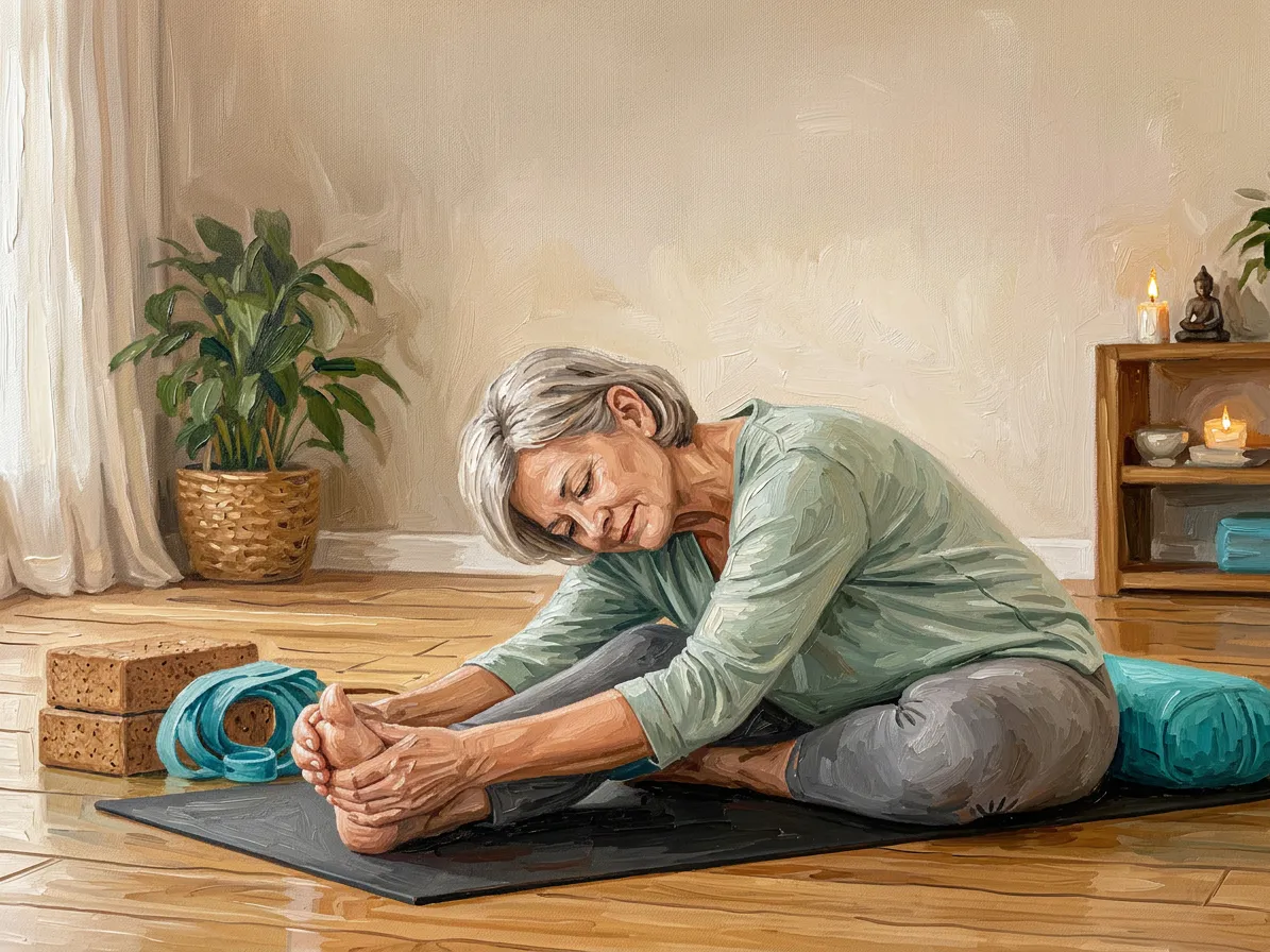 Gemäldeartige Illustration einer älteren Frau, die im Sitzen zu ihren Füßen vorgebeugt ist, auf einer Yogamatte mit Bolstern in einem hellen Raum