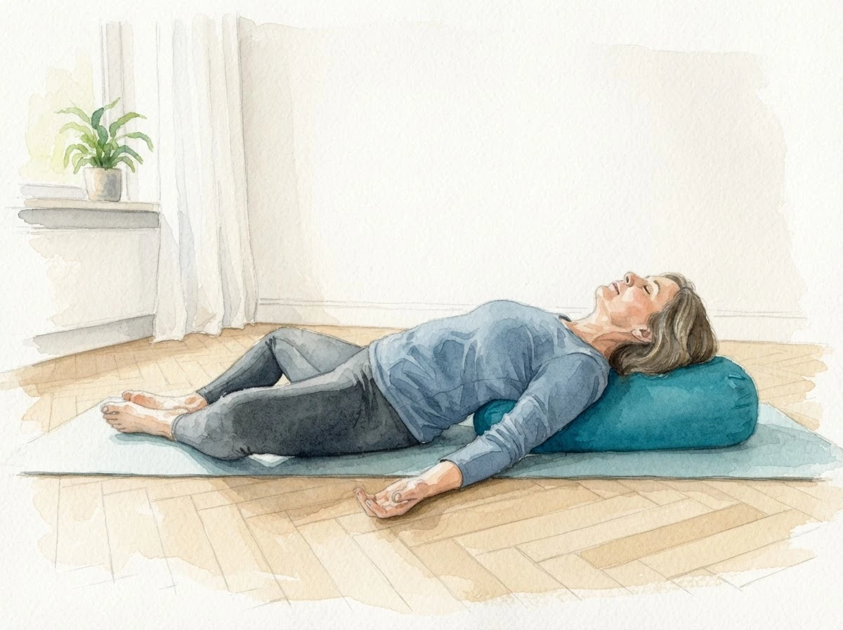 Aquarell-Illustration einer Frau, die mit dem Kopf auf einem Bolster auf dem Rücken liegt, die Knie zur Seite abgelegt