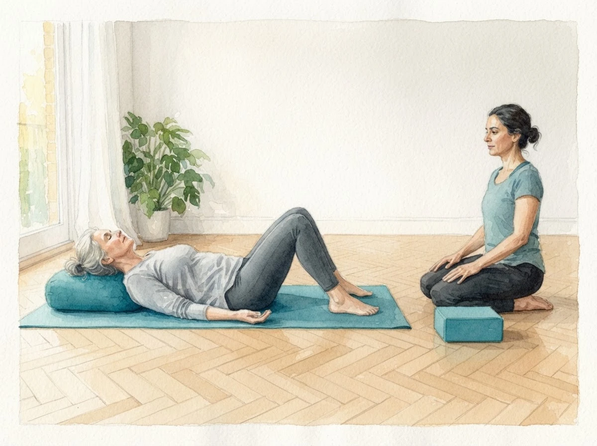 Aquarell-Illustration einer Frau in Rückenlage auf einer Yogamatte, davor sitzt mit Abstand eine Yogalehrerin