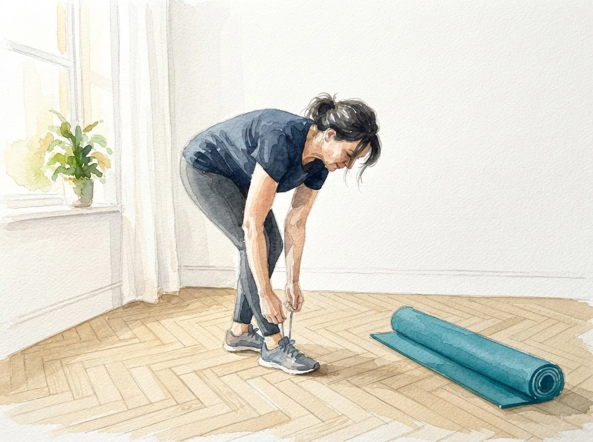 Aquarell-Illustration einer Frau, die sich vor dem Fenster im Stehen vorbeugt und ihren Schnürsenkel bindet