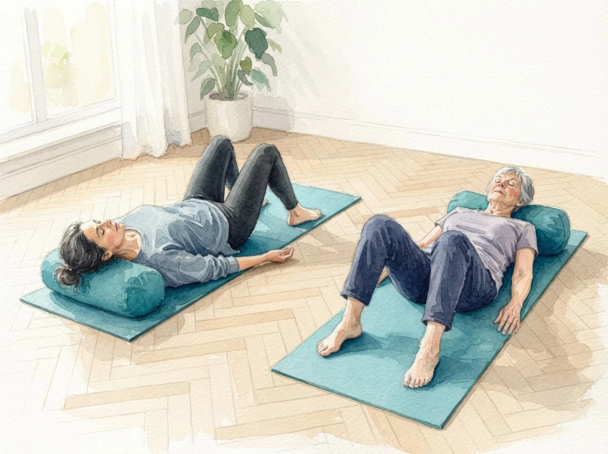 Aquarell-Illustration von zwei Frauen unterschiedlichen Alters, die nebeneinander auf getrennten Yogamatten auf dem Rücken liegen