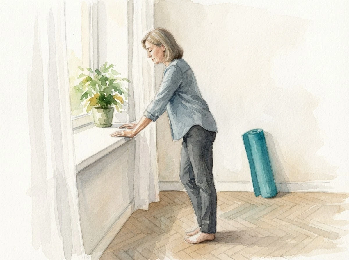 Aquarell-Illustration einer Frau, die am Fenster steht, eine Hand auf der Fensterbank, den Kopf gesenkt