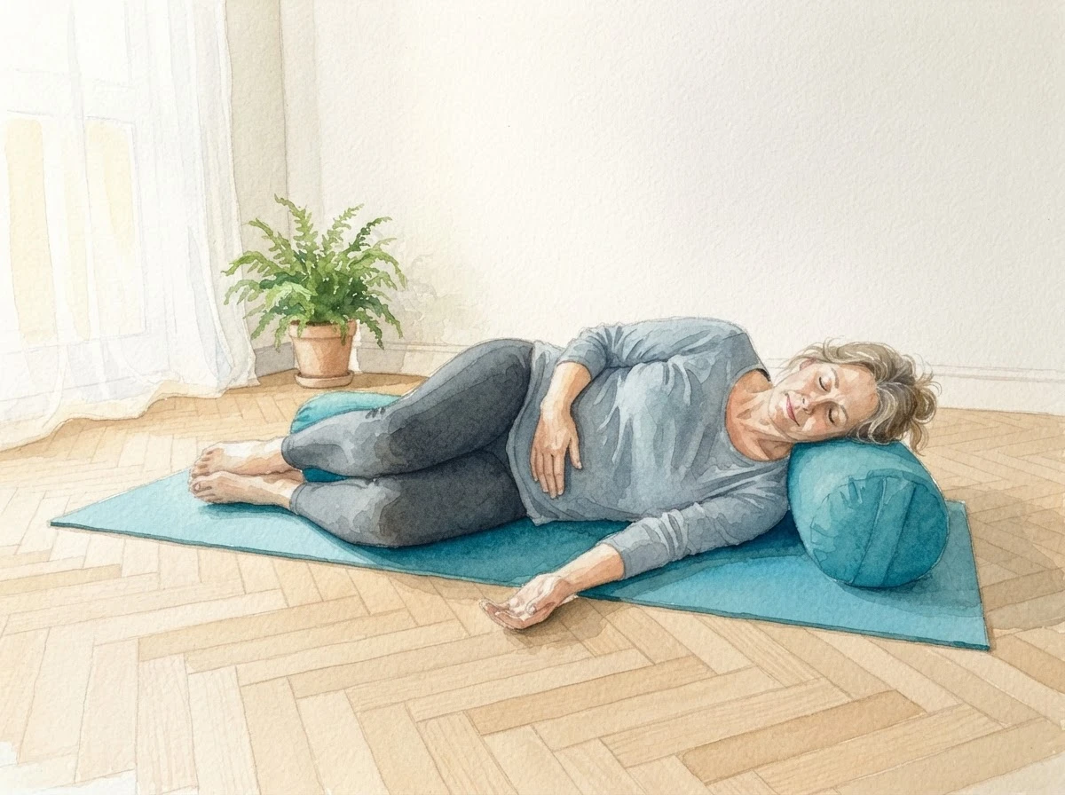 Aquarell-Illustration einer Frau in Seitenlage auf der Matte, den Kopf auf einem Bolster, ein zweites Bolster zwischen den Knien