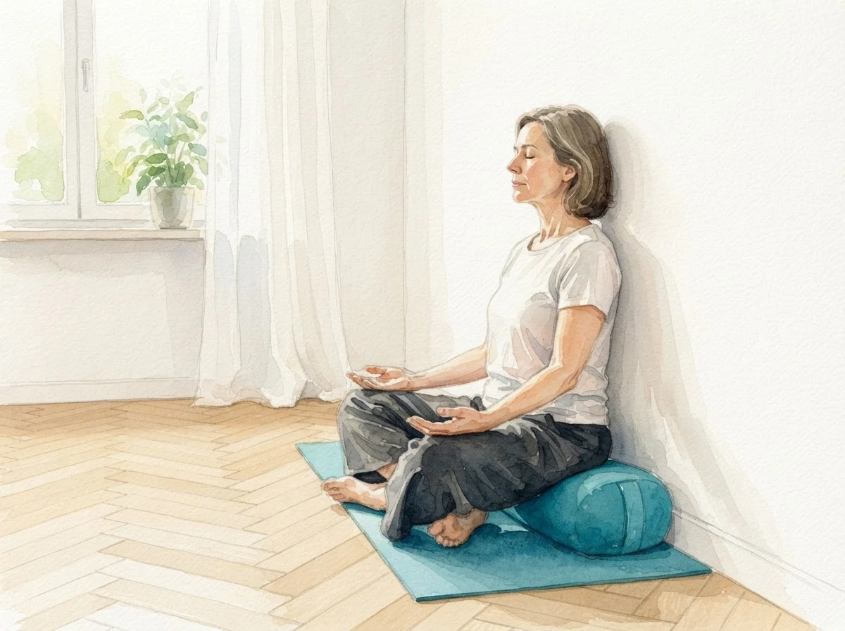 Aquarell-Illustration einer Frau, die aufrecht auf einem Bolster sitzt, den Rücken an der Wand, die Hände auf den Oberschenkeln