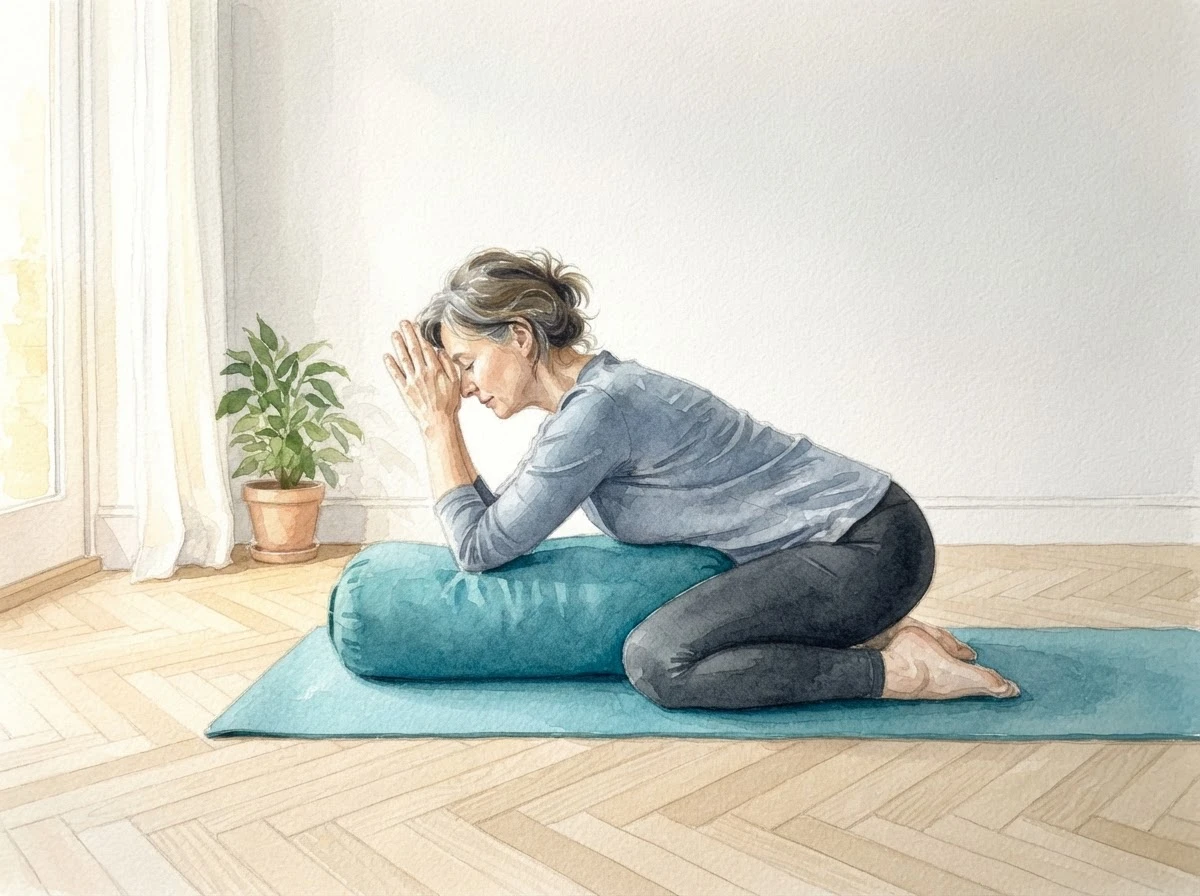 Aquarell-Illustration einer Frau, die kniend über einem Bolster ruht, die Stirn auf den übereinandergelegten Händen