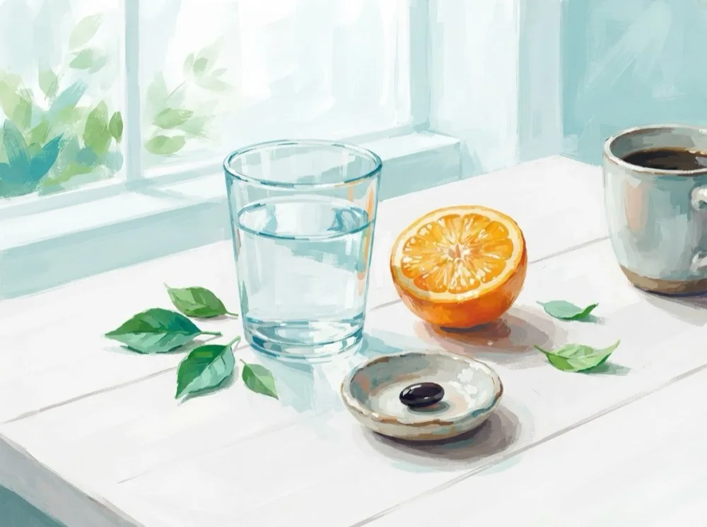 Gemalter Morgentisch mit Wasserglas, halber Orange und einer Kapsel, die Kaffeetasse steht abseits