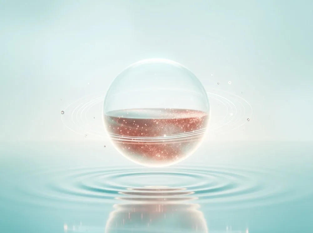 Leuchtende, halb mit rostroten Lichtteilchen gefüllte Glaskugel über einer ruhigen Wasserfläche als Bild für den Eisenspeicher
