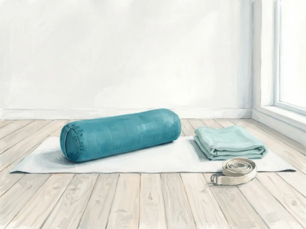 Gemaltes Stillleben: Bolster, gefaltete Decke und Gurt auf einer Matte vor einer weißen Wand