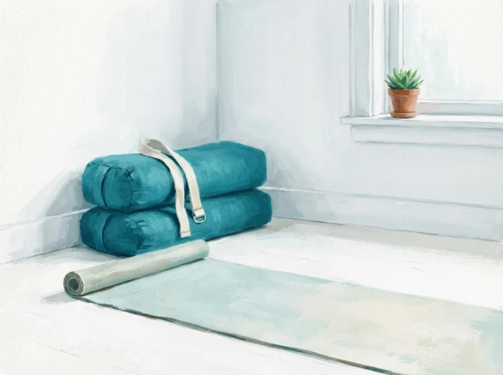 Gemaltes Stillleben: Matte, zwei Bolster und ein Gurt an der Wand eines hellen Übungsraums, auf der Fensterbank eine Pflanze