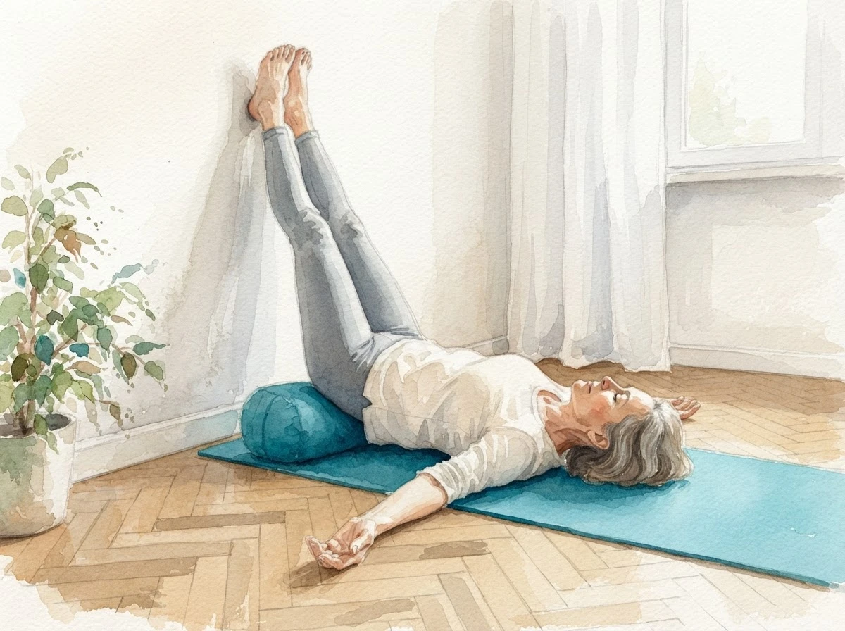 Aquarell-Illustration einer Frau, die auf dem Rücken liegt, die Beine an der Wand hochgelegt, ein Bolster unter dem Becken