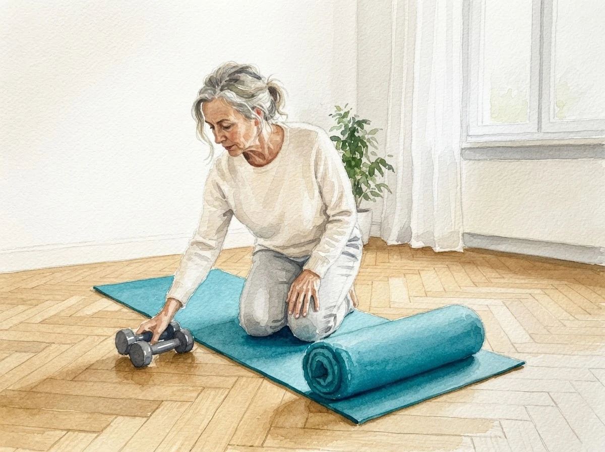 Aquarell-Illustration einer Frau, die auf einer Matte kniet und zwei kleine Hanteln neben der Matte auf den Boden legt, vor ihr ein Bolster
