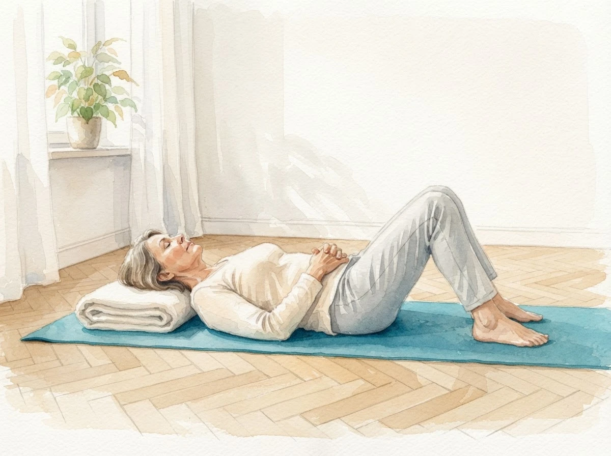 Aquarell-Illustration einer Frau, die mit aufgestellten Knien auf dem Rücken liegt, den Kopf auf einer gefalteten Decke, die Hände auf dem Bauch, die Augen geschlossen