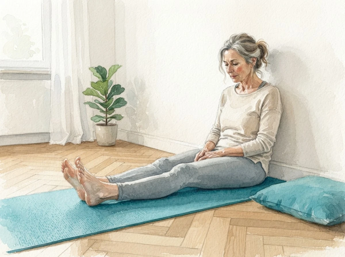 Aquarell-Illustration einer Frau, die mit ausgestreckten Beinen auf der Matte sitzt, den Rücken an der Wand, und auf ihre Füße schaut